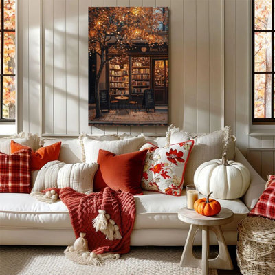 Tableau encadré Almaraz sur toile - Café littéraire d'automne avec bibliothèque chaleureuse, peinture à l'huile réaliste - 61 x 91 cm (24 x 36 pouces) pour salon et chambre