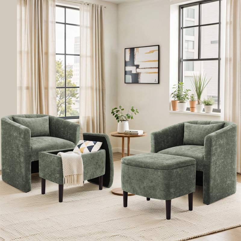 Fauteuil demi-tonneau avec pouf avec rangement Lane (ensemble de 2), Chenille vert grisâtre