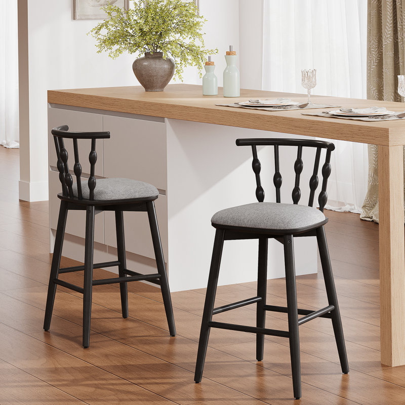 Tabouret de bar d'intérieur en bois, finition noire avec revêtement gris, ensemble de 2, Siège gris / cadre noir