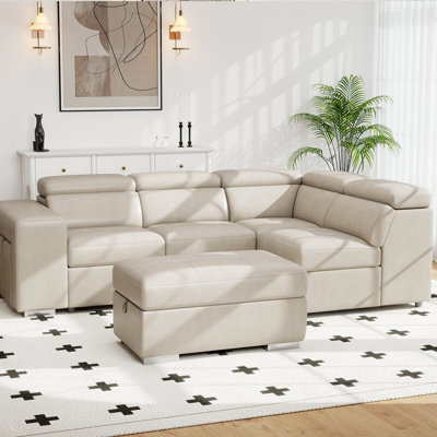104" L Shape Sectional Sleeper Sofa 2 in 1 Convertible Sleeper Sofa With Pull Out Bed And 2 Stools