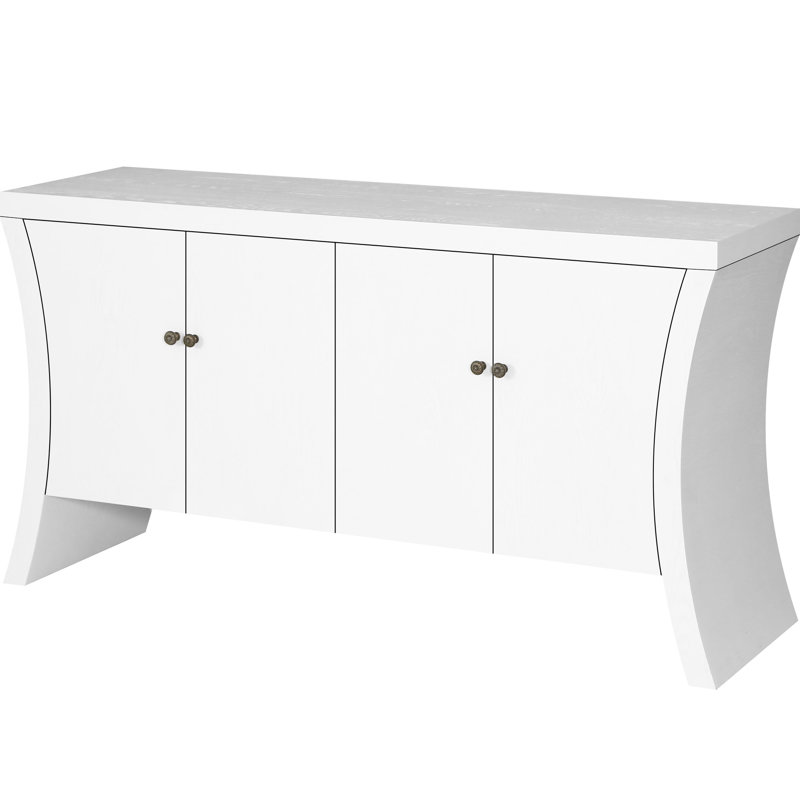 Avancée en bois à 4 portes avec pieds en arc et fermoirs en bronze - Optimisez le rangement dans le salon, la forme arquée rétro à finition blanche offre amplement d'espace
