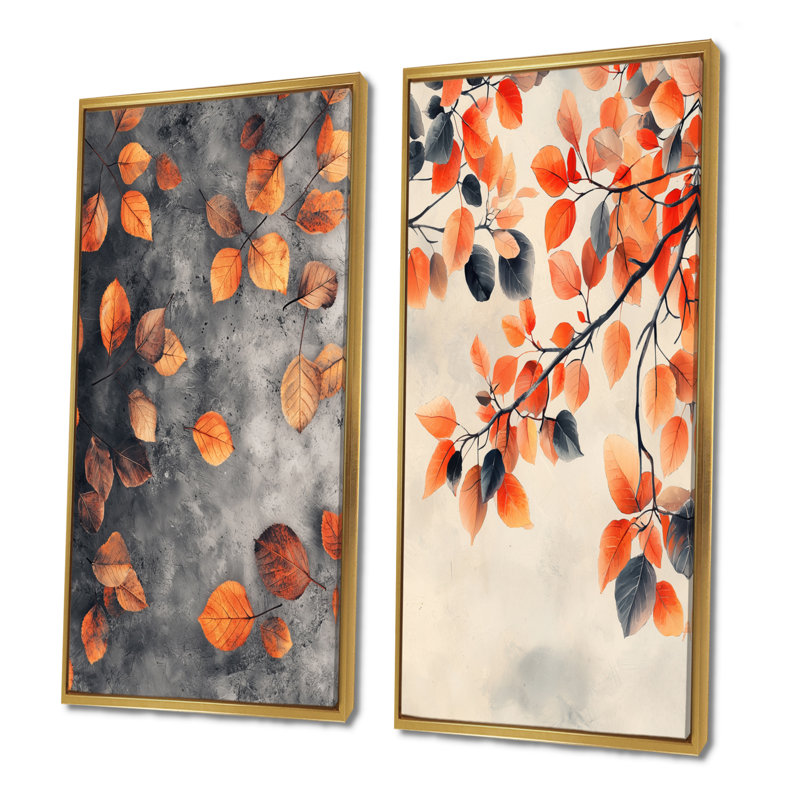 Feuilles d'automne orange I - art mural floral 2 panneaux, H 32 po x l 33 po, Cadre flottant doré