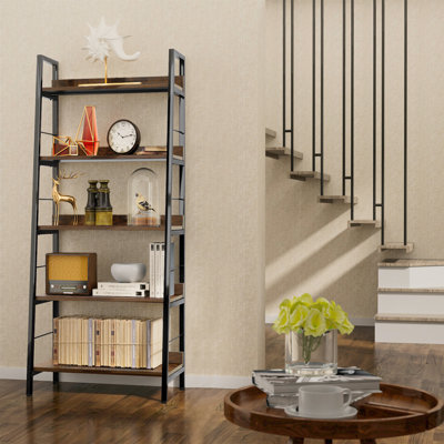 Industrial Ladder Shelf, Rustic 5 Tier Leaning Bookshelf, Wood Metal Ladder Bookcase, Plant Flower Stand Rack Book Storage Shelves For Living Room, Be by 17 Stories