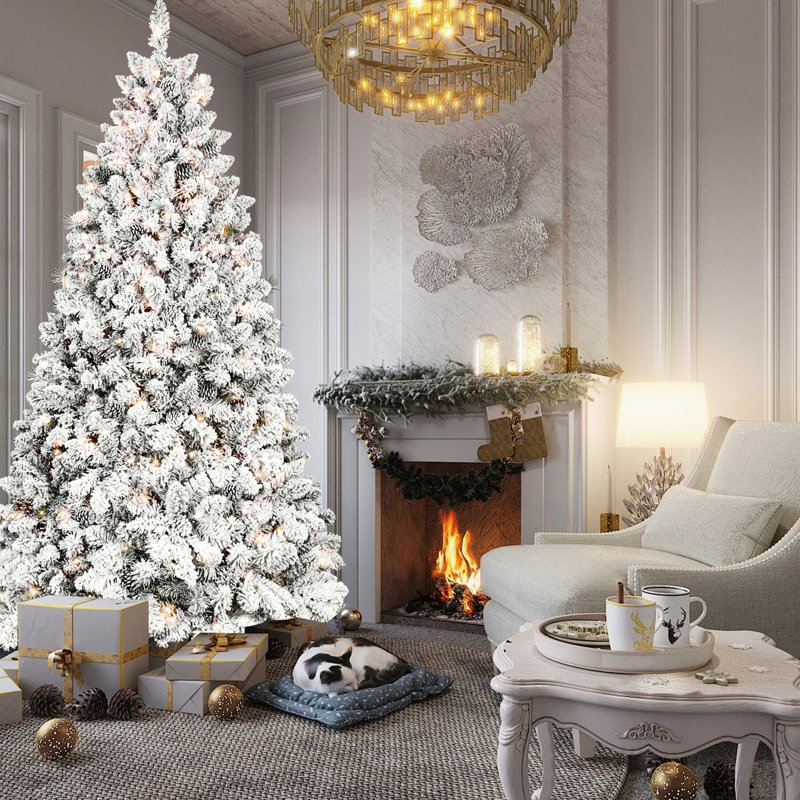 Arbre de décoration de Noël enneigé 6 pi avec 350 lumières Ul, 35 pin naturel, 888 pointes, structure articulée pour une installation rapide, structure enneigée avec support en métal stable, apparence réaliste, facile