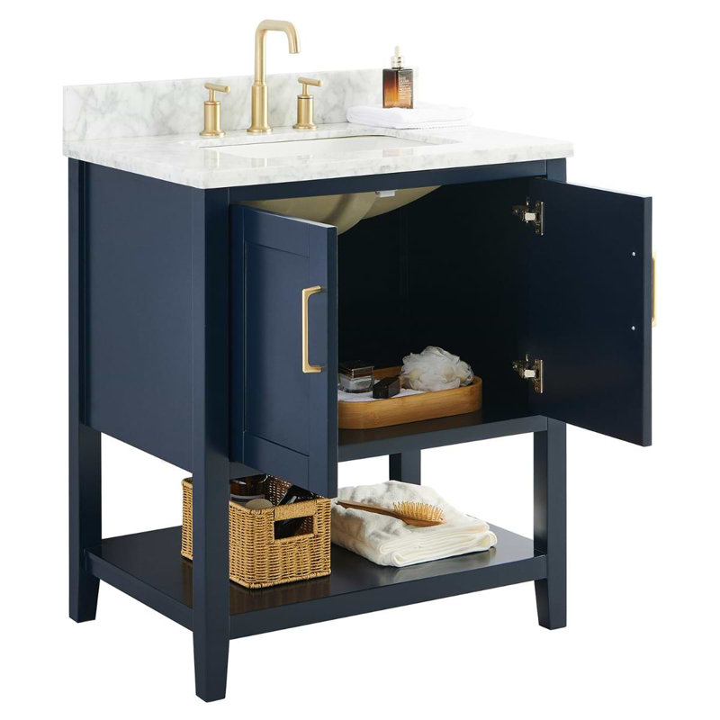 Sheraton 30" Freestanding Standard Single Bathroom Vanity with Top, Navy, Gold Zinc Alloy
