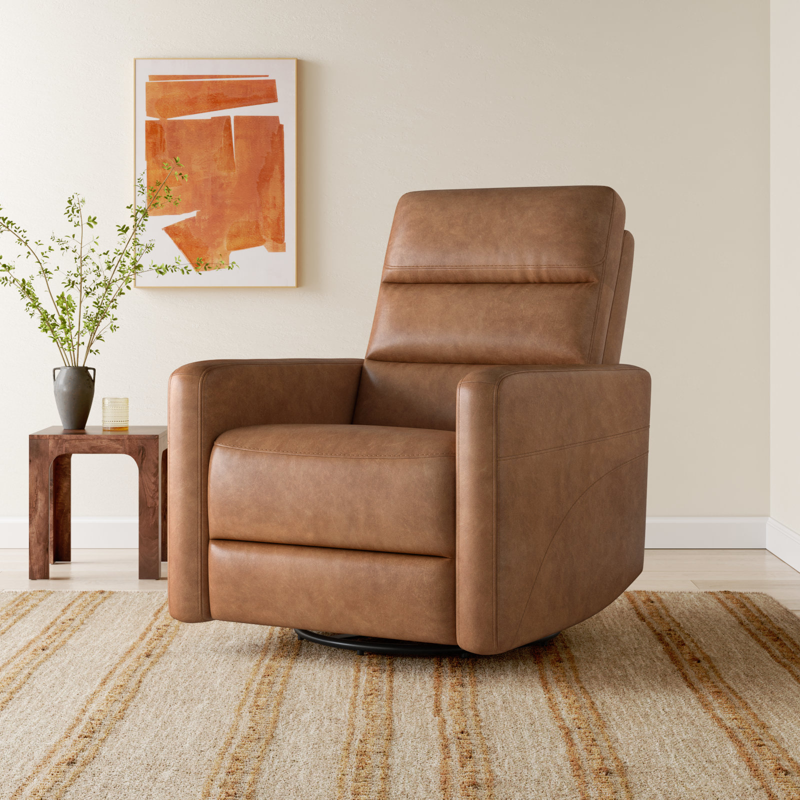 Mila Leather Rocking Swivel Power Recliner, Copley Camel Vegan Leather