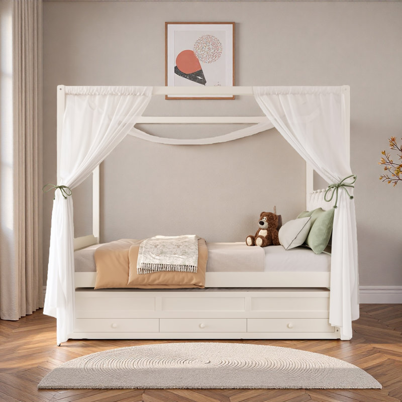 Lit plateforme à baldaquin avec tête de lit en forme de couronne, lit gigogne et 3 tiroirs, Lit double, Beige