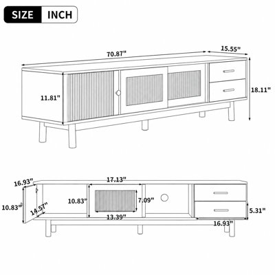 70 inch Mid Century Modern TV Stand for 80" TVs, Entertainment Center with Glass Sliding Doors and 2 Drawers, TV Table with Storage for Living Room, Bedroom