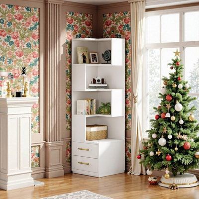 Tall Corner Bookcase with 5 Shelves and 2 Drawers, Engineered Wood Storage