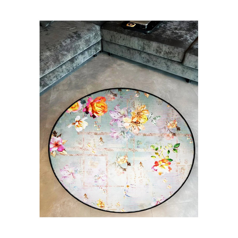 Tapis décoratif rond gris à motif floral, Rond 5 pi