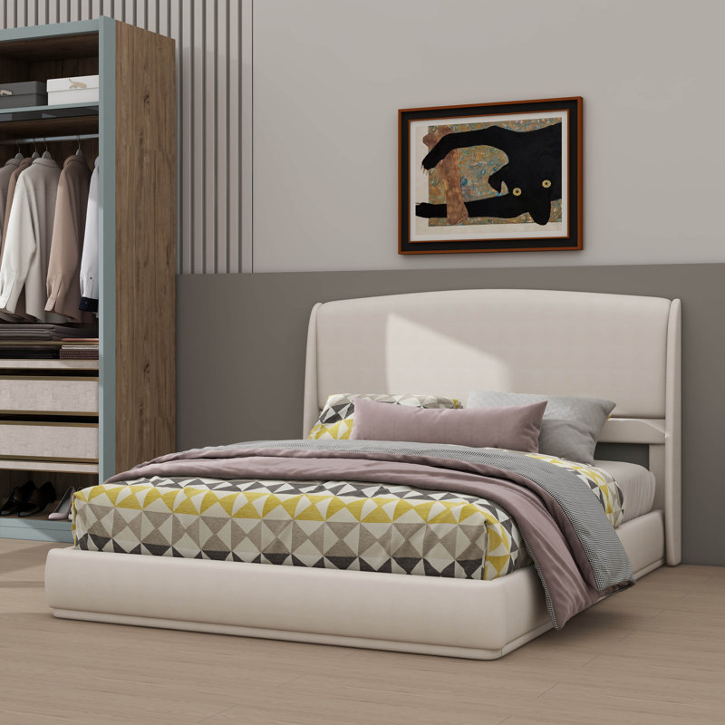 Structure de grand lit avec tête de lit tapissier à oreilles, plateforme à profil bas, Beige