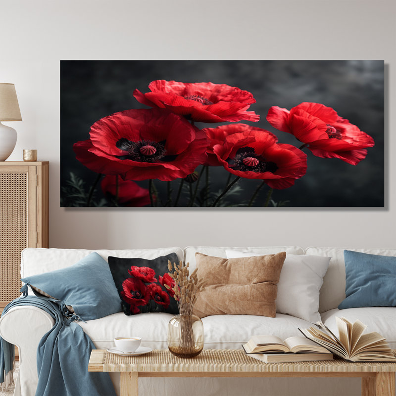 Coquelicots rouges et noirs, charme monochrome III - coquelicots, art mural, Toile tendue, H 12 po x l 20 po