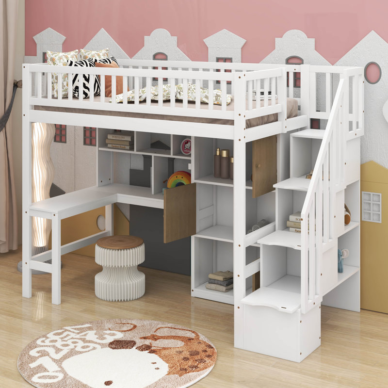 Twin Size Loft Bed With Built-In Desk, LED, Storage Shelves, Cabinets And Staircase, White