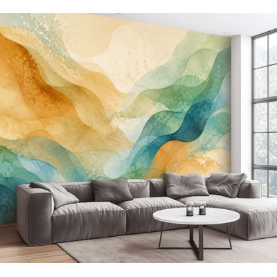 Wall Mural Peel and Stick Wallpaper Abstract Watercolor Waves Earthy Blue Tones Self-Adhesive Removable Contact Paper Wall Decor for Living Room Bedroom 100"H x 144"W