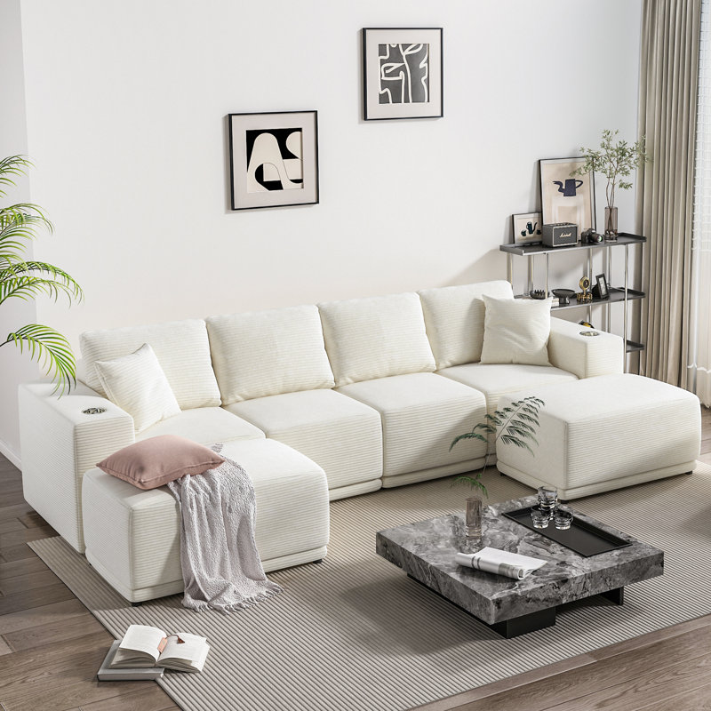 Canapé modulaire réversible en U avec repose-pieds de 130 po de large Deralit, Blanc