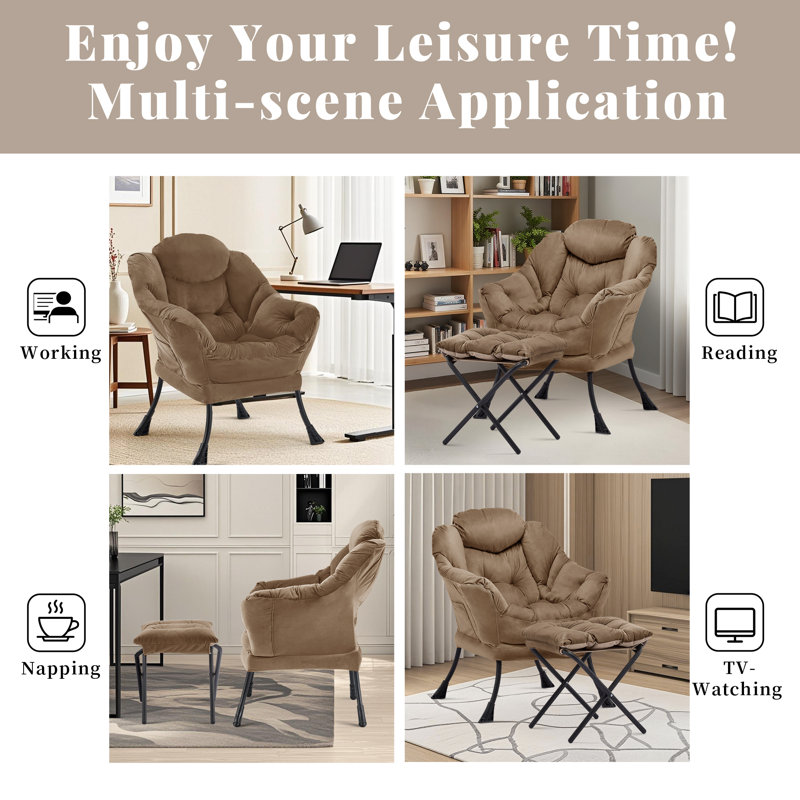 Upholstered Armchair With Footstool, Brown