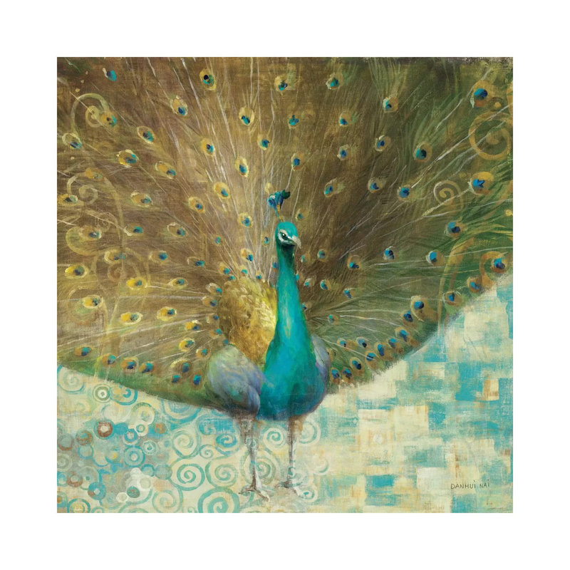 Teal Peacock On Gold by Danhui Nai - Wrapped Canvas Gallery-Wrapped Canvas Giclée, 45.72 cm H x 45.72 cm W x 1.91 cm D