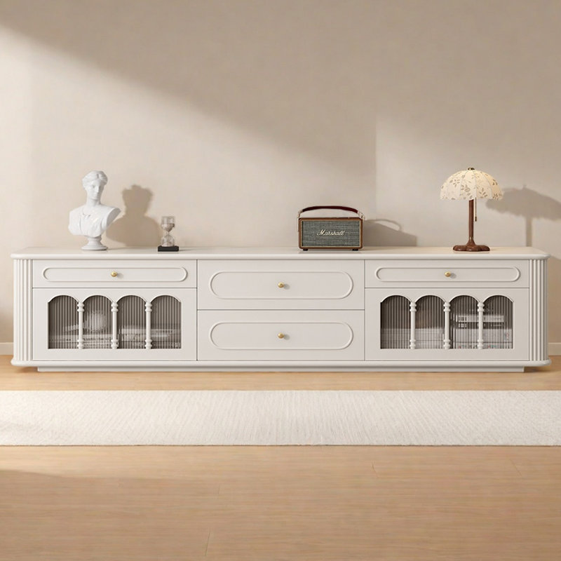 Meuble télé style rétro en buis français, H 23,62 po x L 86,61 po x l 15,75 po, Crème, crème