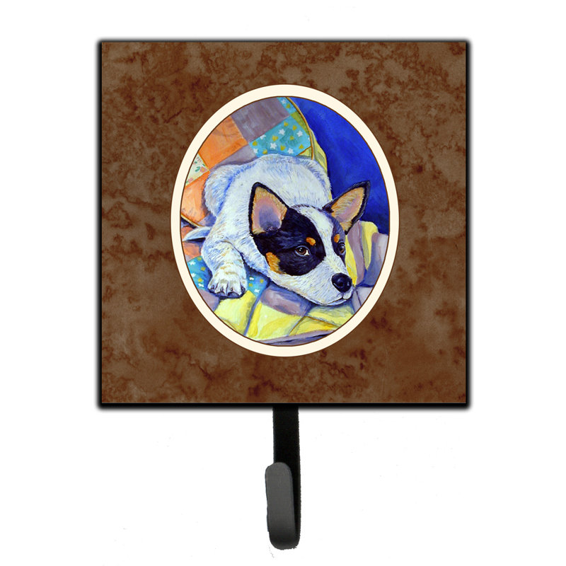 Pelin Metal Wall Organizer with Key Hooks, Brown/Blue/Yellow, Australian Cattle Dog