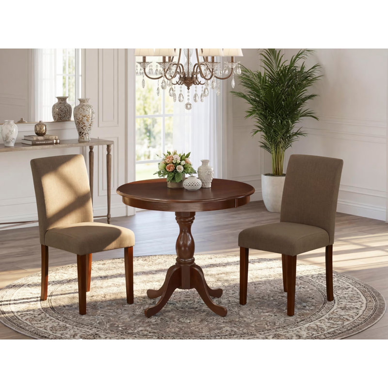 3 Piece Kitchen Table Set for Small Spaces Contains a Round Dining Table with Pedestal and 2 Coffee Linen Fabric Upholstered Chairs, Mahogany