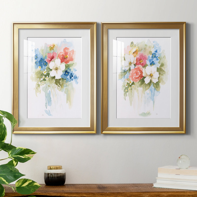 «Spring Medley I», ensemble de 2 reproductions d'art, Blanc, Papier encadré doré, H 22,5 po x l 61 po x P 1,5 po