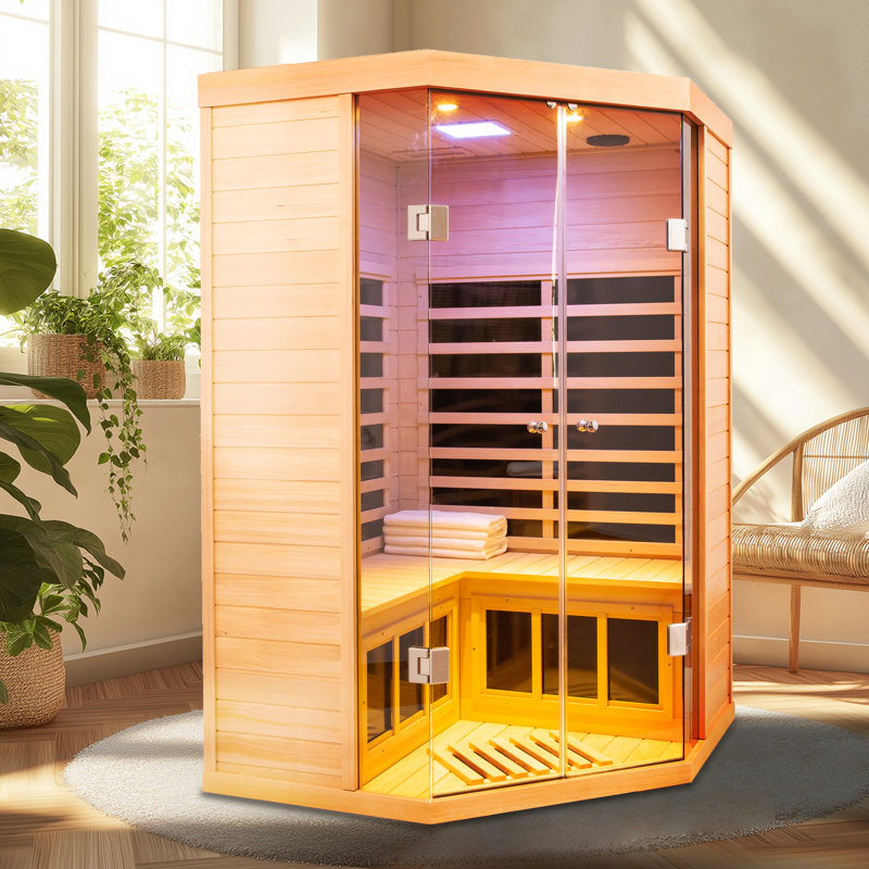 Two Persons Large Glass Front Deluxe Transparent Version Hemlock Far Infrared Corner Sauna Room 