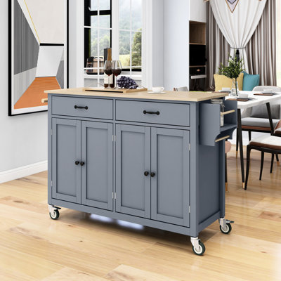 Grey Blue Kitchen Island Cart With Solid Wood Workbench Top, 4 Door Cabinet, 2 Drawers, Spice  Towel Rack, Locking Wheels In Blue, Rack Holder,