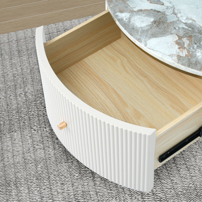 Round Coffee Table With 2 Drawers, Off White