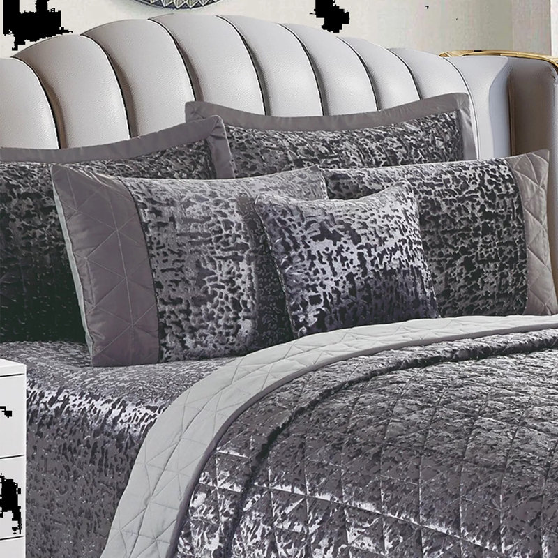 Velvet Bedspread with Pillow Shams Included, Super King Bedspread+ 2 Standard Shams, Grey