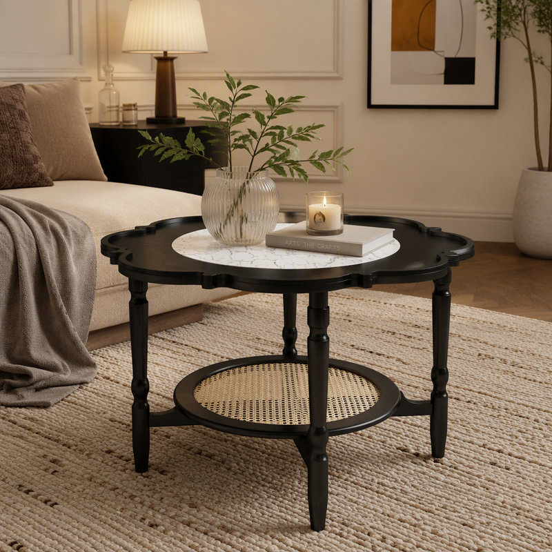 Table basse à forme pétale et verre à motif craquelé blanc, table basse à 2 niveaux avec rotin, Black