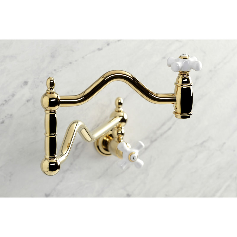 Kingston Brass Heritage Two-Handle 1-Hole Wall Mount Pot Filler Faucet, Polished Brass