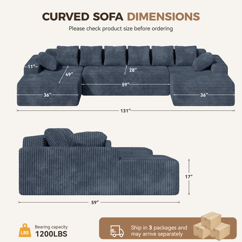 Canapé modulaire en forme de U de 131 po avec méridienne et sans méridienne, sans assemblage requis, Velours côtelé gris