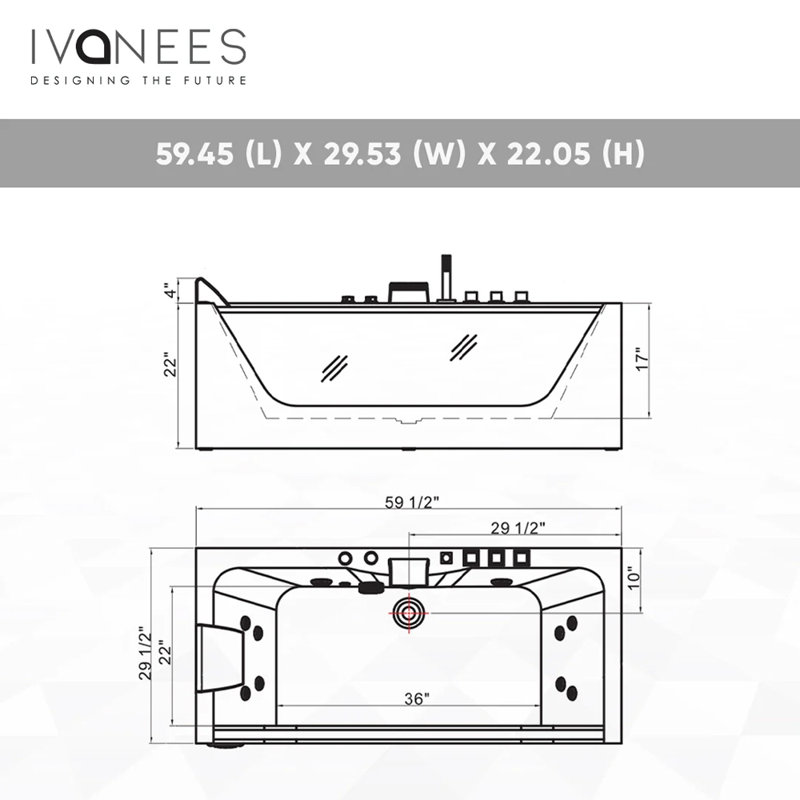 60" White Acrylic Freestanding Whirlpool Bathtub with Jets and Center Drain