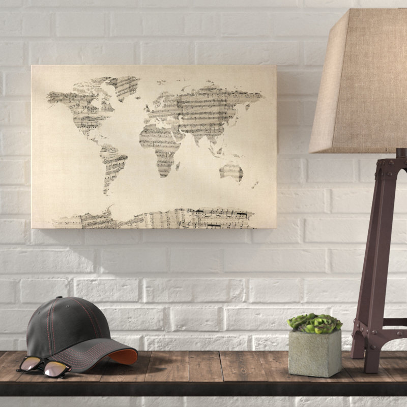 « world sheet music map », art textuel sur toile en crème, H 18 po x l 24 po x p 2 po