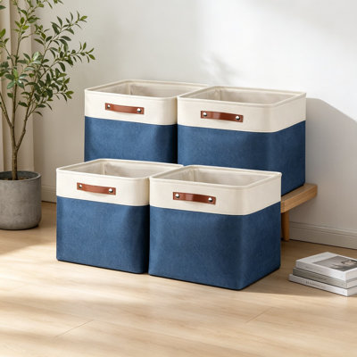 13 Inch Cube Storage Bins 4 Pack Fabric Baskets with Handles for Shelves, Collapsible Closet Organizer Bins for Home Office, Linen & EVA, White and Blue