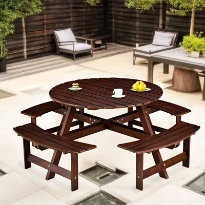 8 Person Round Picnic Table In Brown. 4 Built-In Benches, Umbrella Hole, , For Garden, Backyard, Porch Outdoor 8, With Weather- Smooth Edge. Brown