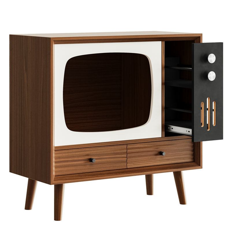 Mobilier de maison de chat en noyer rétro, salon de chat en bois en forme de télé avec tiroirs pour le salon