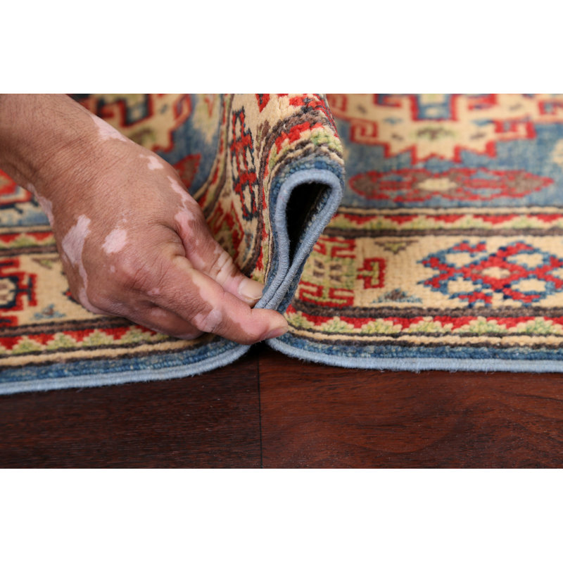 Tapis décoratif en laine noué à la main bleu/beige de conception unique 2 pi x 3 pi 3 po Annerose