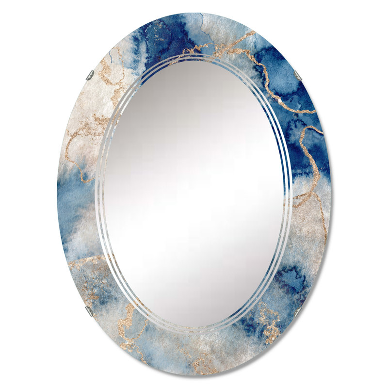 Abstract Wall Mirror, Blue Gold Marble Decorative Mirror - Blue And Gold Marble Clouds III, 30" x 20"