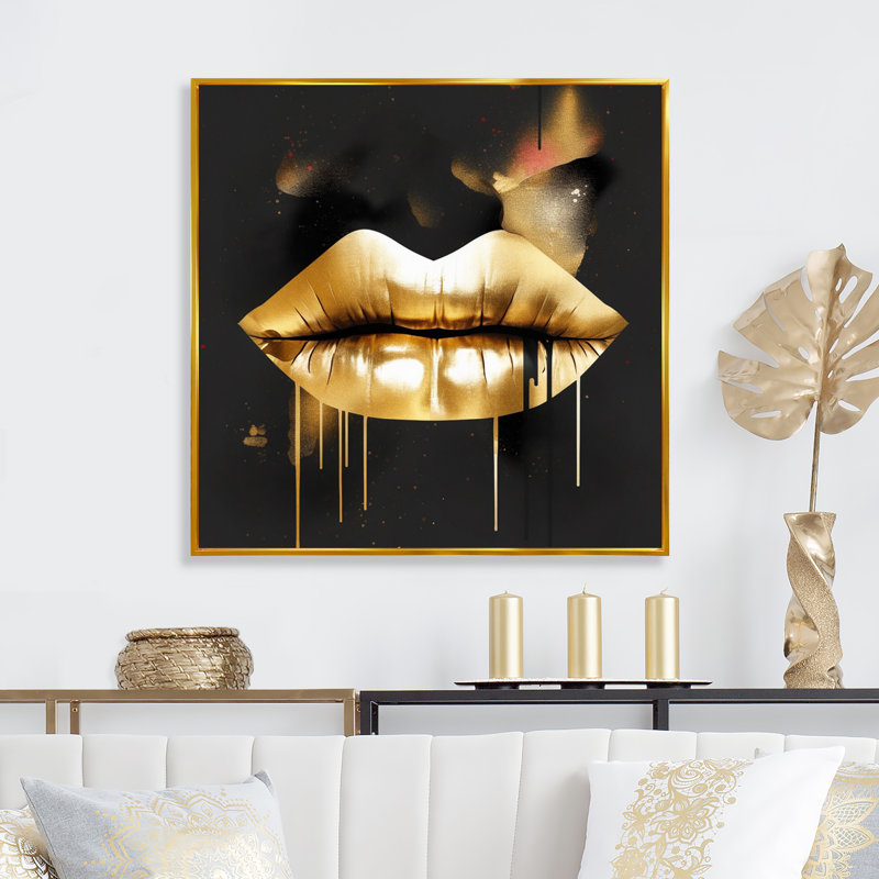 Lèvres d'or de luxe II sur toile, H 16 po x l 16 po x P 1 po, Cadre flottant doré