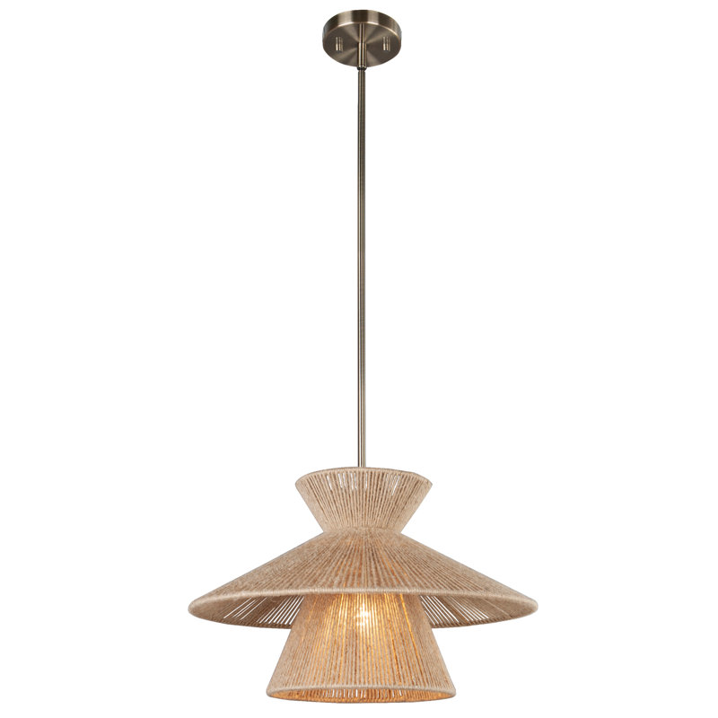 1-Light Double-Tiered Geometric Jute Rope Pendant, Boho Rattan-Style Organic Modern Hanging Light, Antique Brass