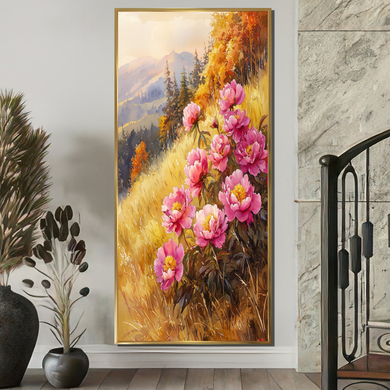 Pivoines à l'automne Hillside I - pivoines, art mural, H 60 po x l 28 po, Reproduction avec cadre flottant, Doré