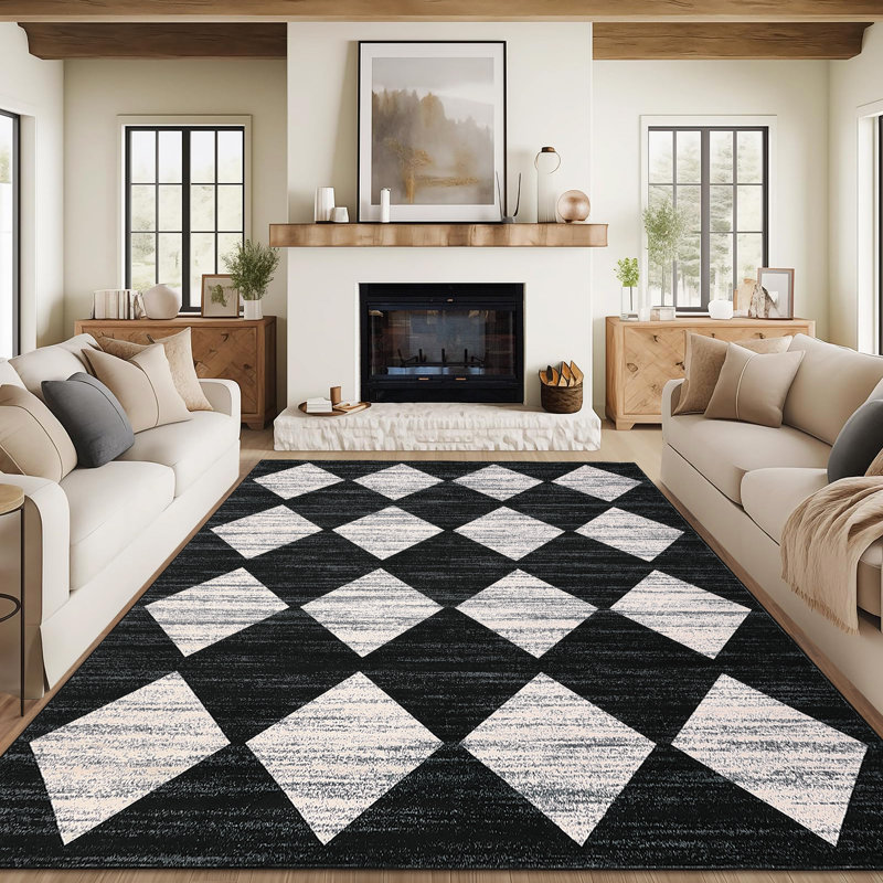 Machine Washable Rugs Distressed Trellis Rug for Living Room Non Slip Stain Resistant Carpet Modern Checkered Farmhouse Floor Cover