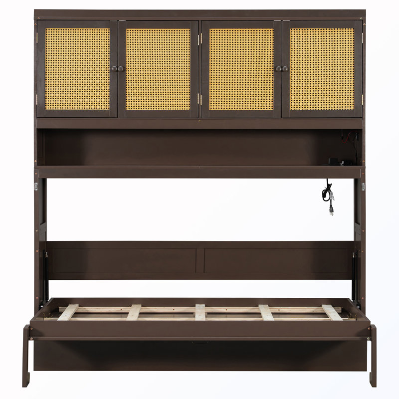 Lit escamotable simple avec armoire supérieure et lumière et ports de charge USB, Espresso