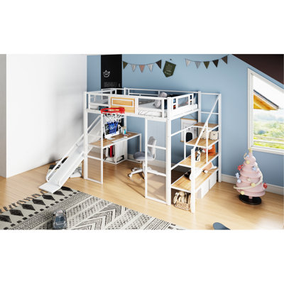 Lit mezzanine double en métal, blanc, avec bureau, garde-robe, cerceau, glissade et escalier