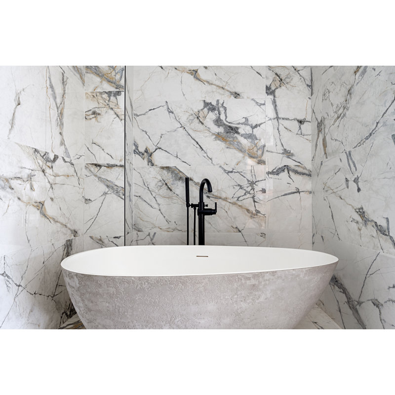 Vast Studio 62.8” x 30.3” Textured Grey Concrete Metallic Freestanding Oval Bathtub – Gray/White Deep Soaking Tub with Dual-Tone Interior & Exterior, Sculpted Modern Luxury Finish