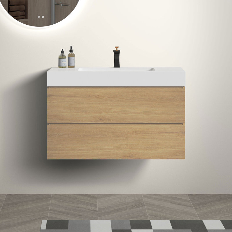 Meuble-lavabo de salle de bain flottant mural, Blanc, Chêne