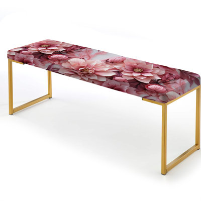 Rose Petal Glamour Elegance - Floral Upholstered Gold Bench