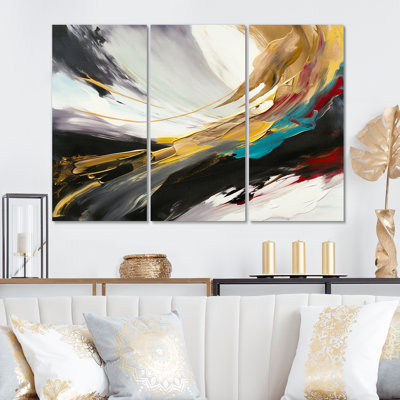 "Smooth Bliss", abstrait, doré, noir, bleu sur toile, 3 pièces