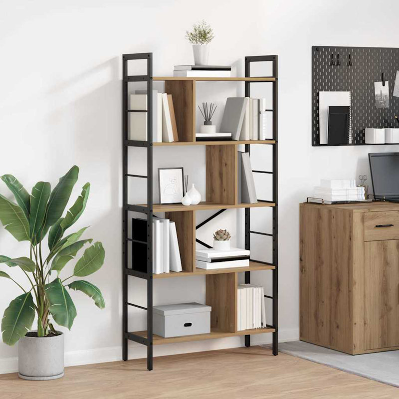 75cm W Steel Etagere Bookcase, (5 Shelves) 156cm. H x 75cm. W x 30cm. D, Artisan Oak